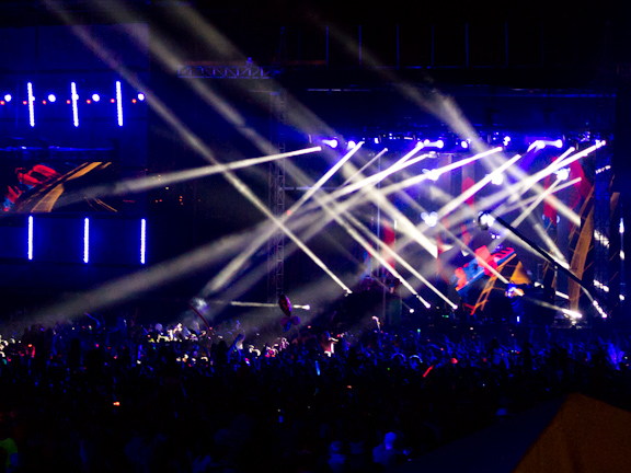 Wide night view of the illuminated stage and audience at VELD Music Festival in Toronto.